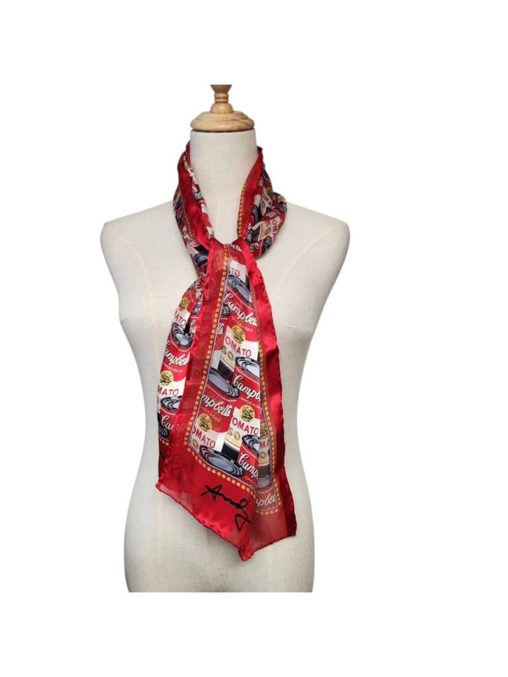 Andy Warhol Campbell's Soup Silk Scarf Pop Art Red 11x54 *READ*